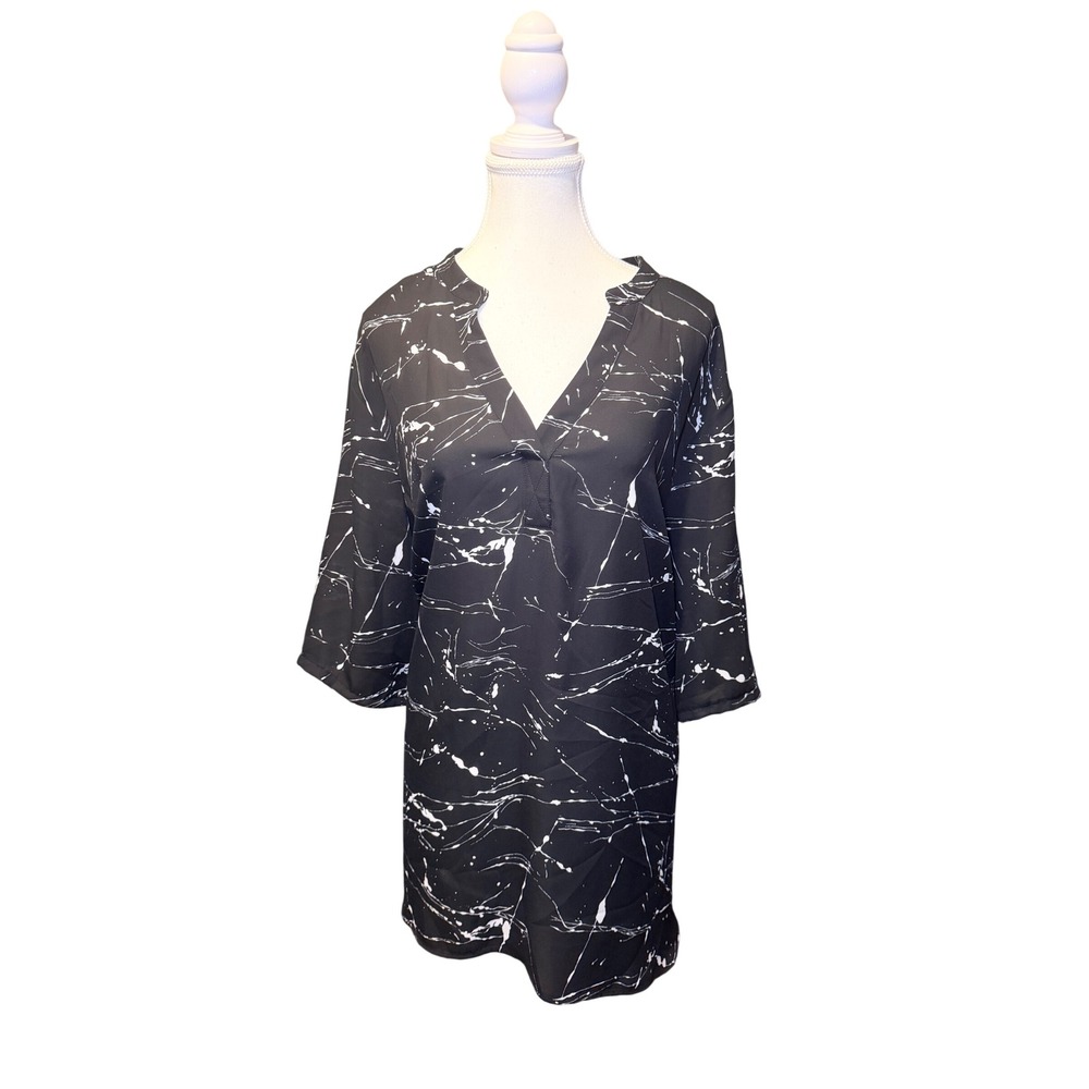 Black White Marble Sheer Blouse Hi Low Flowy Plus Size 2X